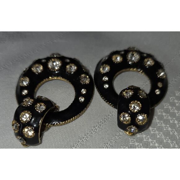 Vintage 80s 90s Black Enamel Clip On Drop Earrings Gold Tone Rhinestones Dangle - Picture 9 of 9